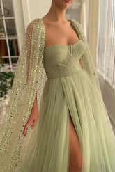 Gorgeous Long A-line Strapless Tulle Front Slit Prom Dress with Cape